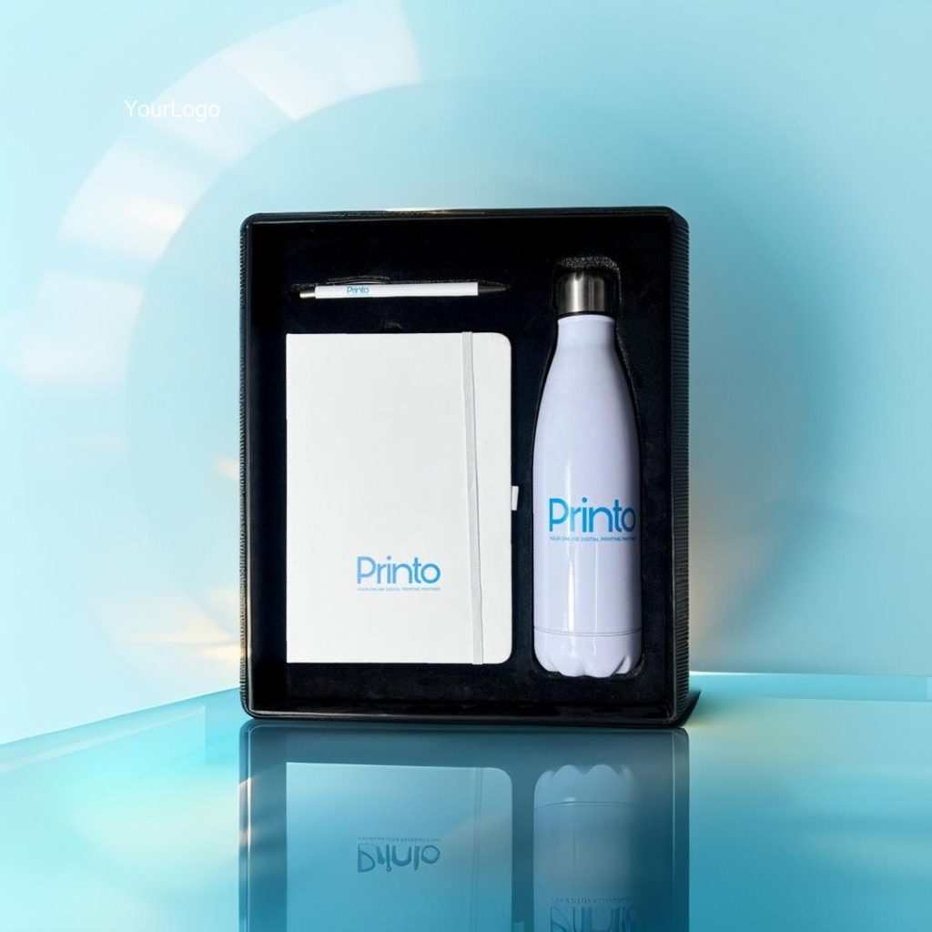 Corporate branded gift box with bottle and notebook