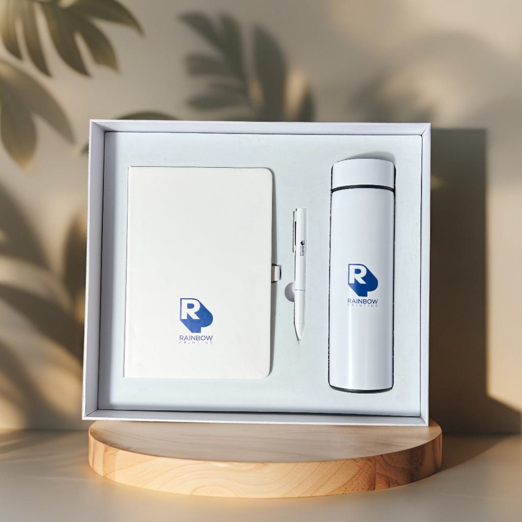 Smart gift box with notebook, pen, and temperature bottle
