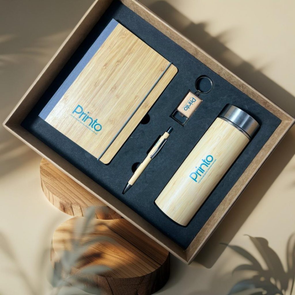 Bamboo corporate gift set with notebook, flask, and pen