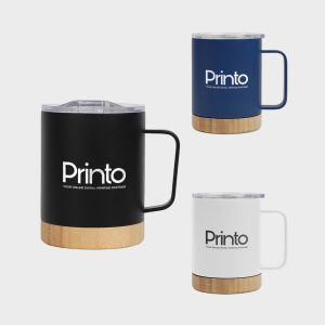 Custom insulated stainless steel coffee mug with bamboo base - Dubai